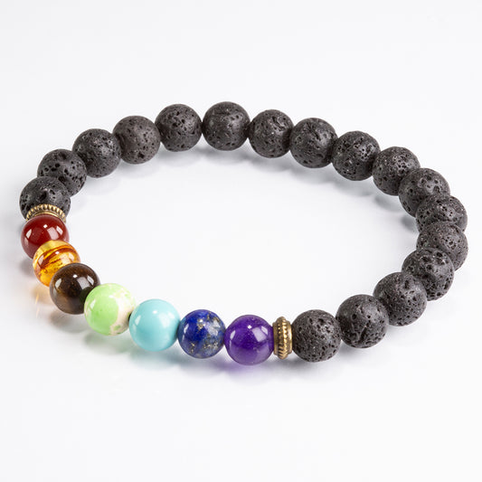 Lávaköves csakra karkötő – 20 cm, rugalmas, arany színű díszítéssel