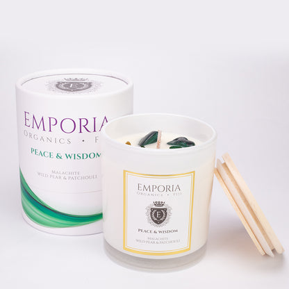 Emporia Organics Üveggyertya: Fiji - BÉKE & BÖLCSESSÉG, Malachittal, Vadkörte és pacsuli illattal, 100% szójaviasz, 230 g